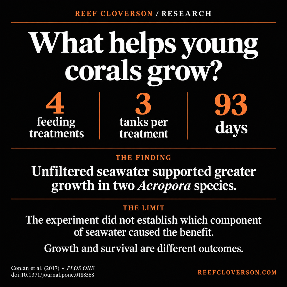 Acropora feeding experiment: four treatments, three tanks per treatment, 93 days. Findings and limitations from Conlan et al. (2017).