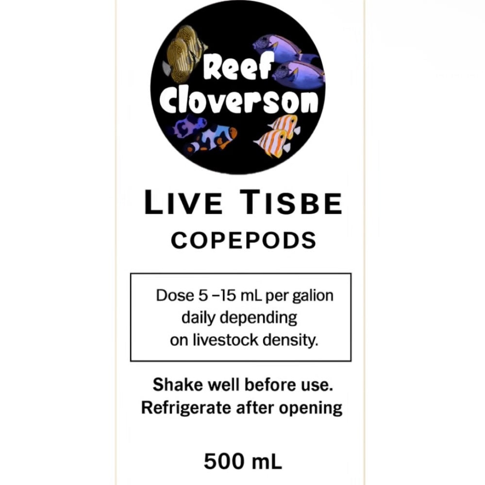 Reef Cloverson Live Tisbe Copepods packaging with dosing instructions and product details.