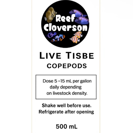 Reef Cloverson Live Tisbe Copepods packaging with dosing instructions and product details.