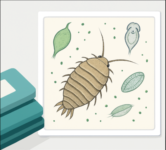 Marine Microscope Slides for Sale
Illustration of a marine isopod with other marine micro-organisms on a light background
