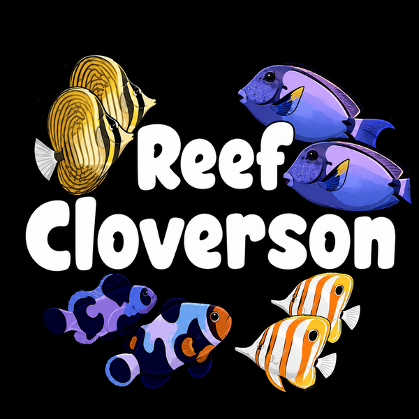 Circular logo with colorful fish illustrations and 'Reef Cloverson' text on a black background