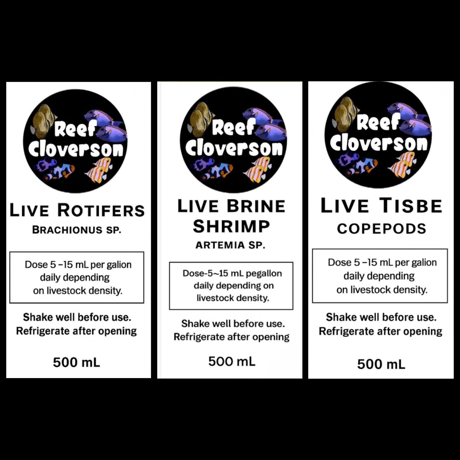 Three labels for Reef Cloverson live marine organisms with dosing instructions on a black background.