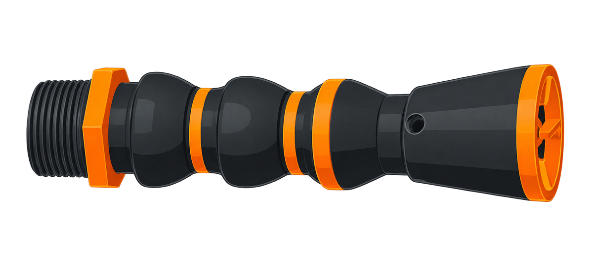 Black and orange assembled modular aquarium return with connector, links and flow nozzle