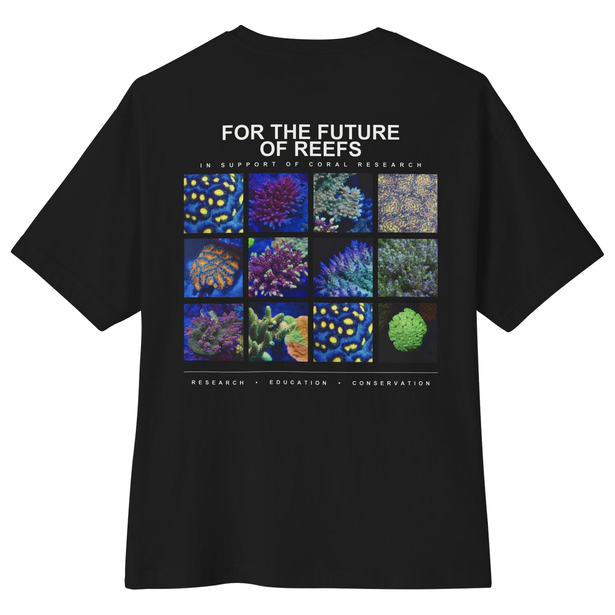 Back of the black Reef Cloverson Tee with its original coral photographs and For the Future of Reefs lettering.