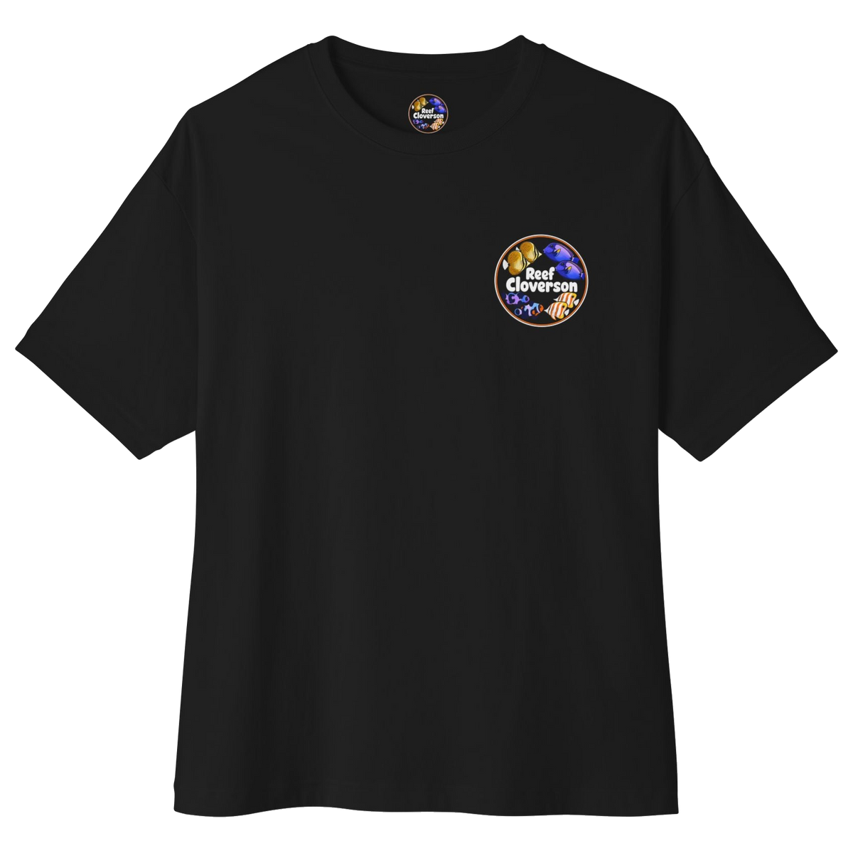 Front of the black Reef Cloverson Tee with its original colorful chest logo.